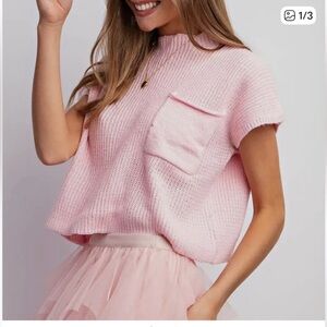 Boxy Short-Sleeve Knit Top with Front Pocket - Pink